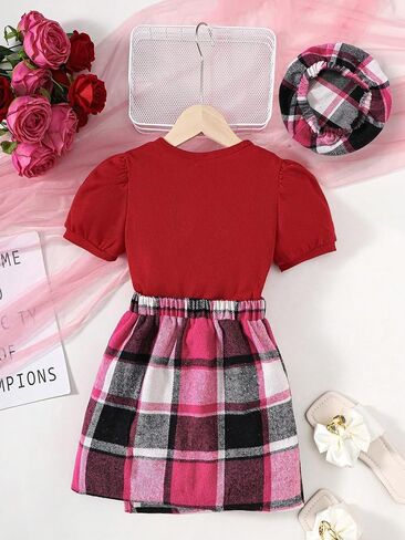 Milumia Girl's Clothing Sets 2 Piece Puff Sleeve Ribbed Tee with Plaid Wrap Mini Skirt Outfits in Saudi Arabia