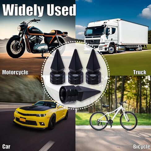 4PCS Spiked Shape Tire Valve Stem Caps, Aluminum Alloy Spike Wheel Tire Valve Stem, Universal Dustproof Waterproof Air Caps for Cars, SUV, Trucks, Bikes, Motorcycles, Bicycles(Black) in Kuwait