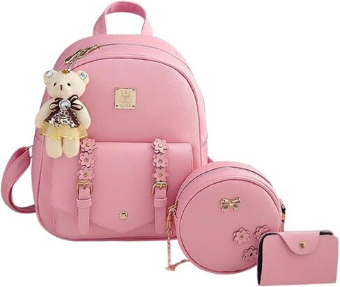 Leather Backpack Purse for Women 3-Piece Set Floral Design Round Crossbody Bag Wallet for Gifts for Girls and Ladies (Pink) in Saudi Arabia
