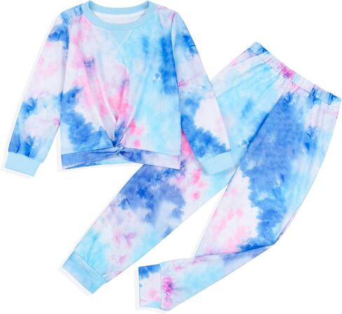 Girls 2 Piece Outfits Tie Dye Twist Front Tracksuits Long Sleeve Pullover Sweatshirt Sweatpant in Saudi Arabia