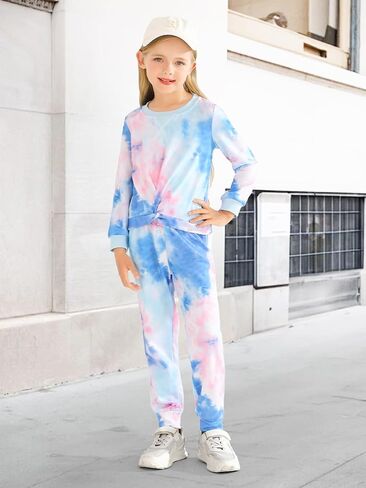 Girls 2 Piece Outfits Tie Dye Twist Front Tracksuits Long Sleeve Pullover Sweatshirt Sweatpant in Saudi Arabia