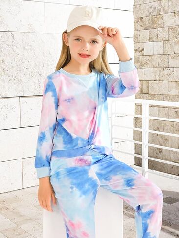 Girls 2 Piece Outfits Tie Dye Twist Front Tracksuits Long Sleeve Pullover Sweatshirt Sweatpant in Saudi Arabia