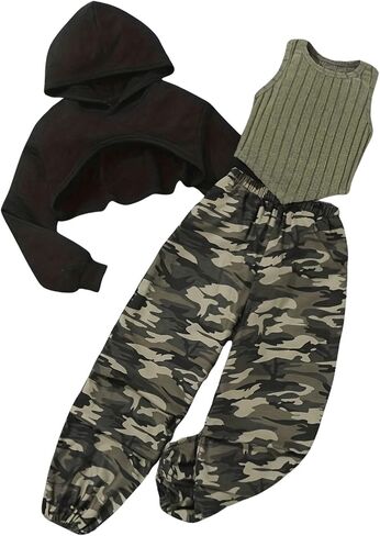 MakeMeChic Girl's 3 Piece Outfits Long Sleeve Cropped Hoodies and Camo Print Sweatpants Set in Saudi Arabia