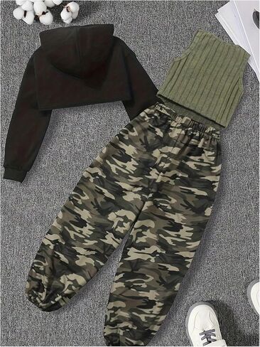 MakeMeChic Girl's 3 Piece Outfits Long Sleeve Cropped Hoodies and Camo Print Sweatpants Set in Saudi Arabia
