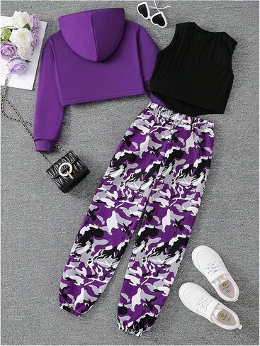 MakeMeChic Girl's 3 Piece Outfits Long Sleeve Cropped Hoodies and Camo Print Sweatpants Set in Saudi Arabia