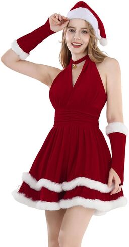 فستان Nuoqi Santa للسيدات باللون الأحمر سانتا كلوز، فستان مخملي للسيدة سانتا لعيد الميلاد مع قبعة in Kuwait