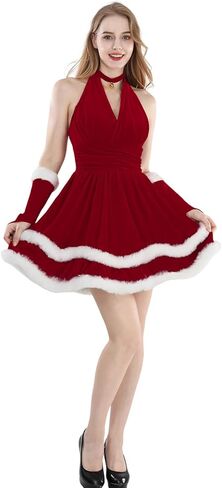 فستان Nuoqi Santa للسيدات باللون الأحمر سانتا كلوز، فستان مخملي للسيدة سانتا لعيد الميلاد مع قبعة in Kuwait