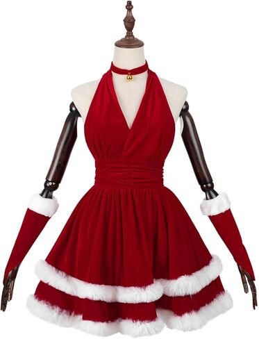 فستان Nuoqi Santa للسيدات باللون الأحمر سانتا كلوز، فستان مخملي للسيدة سانتا لعيد الميلاد مع قبعة in Kuwait