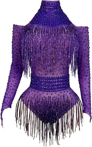 Tyian Sexy Sparkly Diamante High Neck Long Sleeves Fringe Bodysuit Women Team Performance Club Pole Dance Drag Queen Costumes in Saudi Arabia