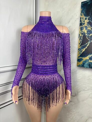 Tyian Sexy Sparkly Diamante High Neck Long Sleeves Fringe Bodysuit Women Team Performance Club Pole Dance Drag Queen Costumes in Saudi Arabia