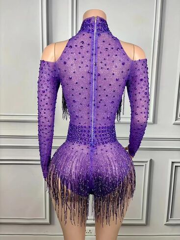 Tyian Sexy Sparkly Diamante High Neck Long Sleeves Fringe Bodysuit Women Team Performance Club Pole Dance Drag Queen Costumes in Saudi Arabia