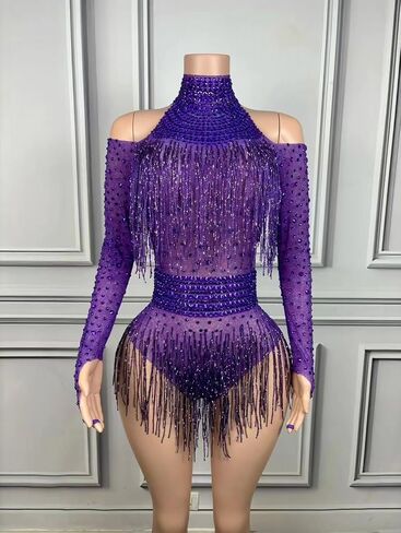 Tyian Sexy Sparkly Diamante High Neck Long Sleeves Fringe Bodysuit Women Team Performance Club Pole Dance Drag Queen Costumes in Saudi Arabia