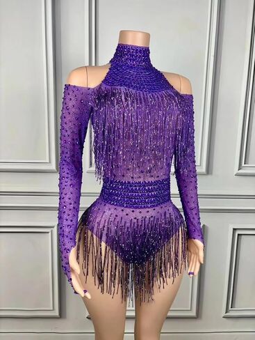 Tyian Sexy Sparkly Diamante High Neck Long Sleeves Fringe Bodysuit Women Team Performance Club Pole Dance Drag Queen Costumes in Saudi Arabia