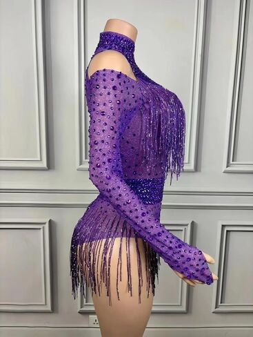 Tyian Sexy Sparkly Diamante High Neck Long Sleeves Fringe Bodysuit Women Team Performance Club Pole Dance Drag Queen Costumes in Saudi Arabia