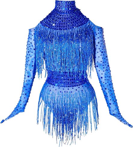 Tyian Sexy Sparkly Diamante High Neck Long Sleeves Fringe Bodysuit Women Team Performance Club Pole Dance Drag Queen Costumes in Saudi Arabia