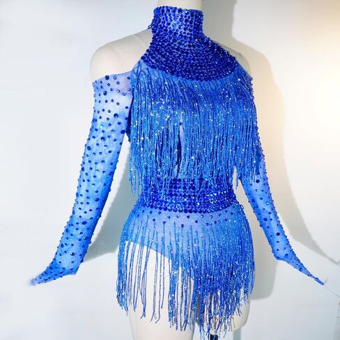 Tyian Sexy Sparkly Diamante High Neck Long Sleeves Fringe Bodysuit Women Team Performance Club Pole Dance Drag Queen Costumes in Saudi Arabia