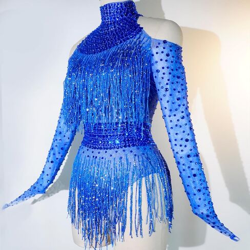 Tyian Sexy Sparkly Diamante High Neck Long Sleeves Fringe Bodysuit Women Team Performance Club Pole Dance Drag Queen Costumes in Saudi Arabia