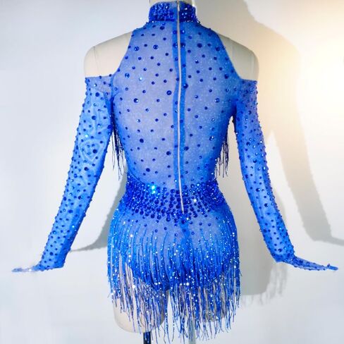 Tyian Sexy Sparkly Diamante High Neck Long Sleeves Fringe Bodysuit Women Team Performance Club Pole Dance Drag Queen Costumes in Saudi Arabia