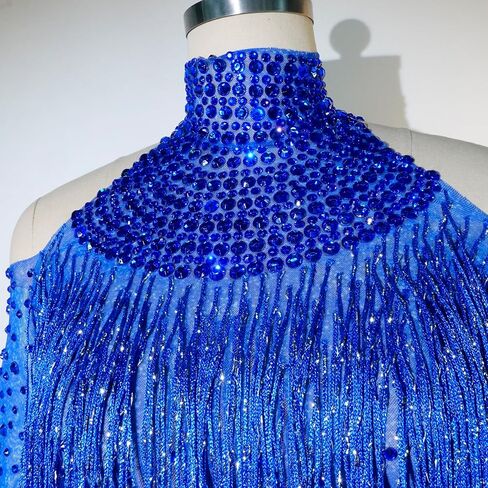 Tyian Sexy Sparkly Diamante High Neck Long Sleeves Fringe Bodysuit Women Team Performance Club Pole Dance Drag Queen Costumes in Saudi Arabia