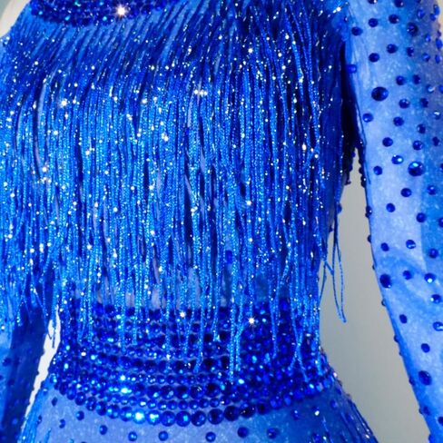 Tyian Sexy Sparkly Diamante High Neck Long Sleeves Fringe Bodysuit Women Team Performance Club Pole Dance Drag Queen Costumes in Saudi Arabia