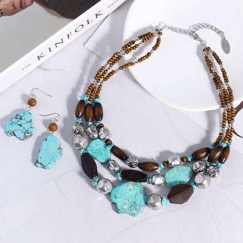 مجموعة مجوهرات بوكار مكونة من 3 طبقات من الخشب الفيروزي والمطرز بقلادة مكتنزة وأقراط متعددة الخيوط مصنوعة يدويًا للنساء هدايا (NK-10124-set) in Kuwait