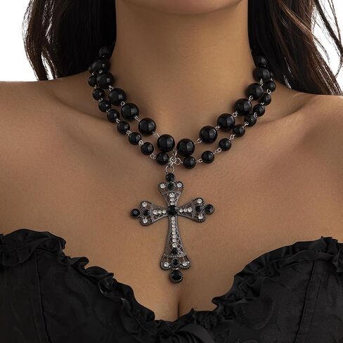 Summer Multi Layered Beaded Necklace Pearl Clavicle Chain Necklace Rhinestone Pearl Cross Pendant Chest Chain Necklace Wedding Pearl Collar Necklace Jewelry for Women in Saudi Arabia