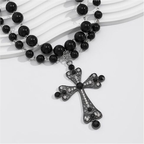 Summer Multi Layered Beaded Necklace Pearl Clavicle Chain Necklace Rhinestone Pearl Cross Pendant Chest Chain Necklace Wedding Pearl Collar Necklace Jewelry for Women in Saudi Arabia