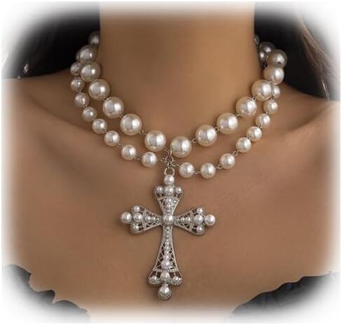 Summer Multi Layered Beaded Necklace Pearl Clavicle Chain Necklace Rhinestone Pearl Cross Pendant Chest Chain Necklace Wedding Pearl Collar Necklace Jewelry for Women in Saudi Arabia