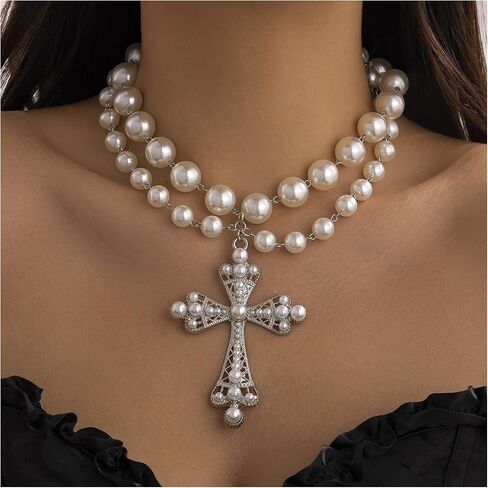 Summer Multi Layered Beaded Necklace Pearl Clavicle Chain Necklace Rhinestone Pearl Cross Pendant Chest Chain Necklace Wedding Pearl Collar Necklace Jewelry for Women in Saudi Arabia
