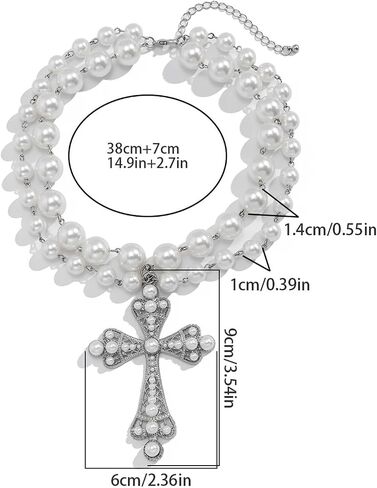 Summer Multi Layered Beaded Necklace Pearl Clavicle Chain Necklace Rhinestone Pearl Cross Pendant Chest Chain Necklace Wedding Pearl Collar Necklace Jewelry for Women in Saudi Arabia