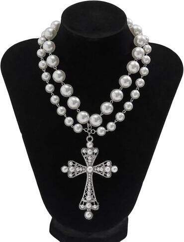 Summer Multi Layered Beaded Necklace Pearl Clavicle Chain Necklace Rhinestone Pearl Cross Pendant Chest Chain Necklace Wedding Pearl Collar Necklace Jewelry for Women in Saudi Arabia