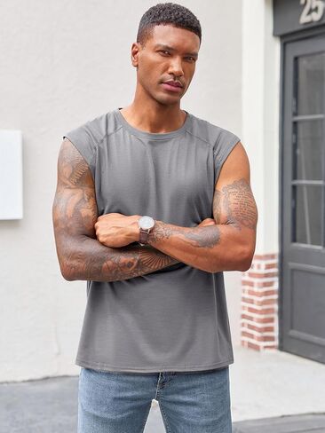 Runcati Mens Sleeveless Tank Tops Workout Cut Off Shirt Athletic Muscle Gym T Shirts in Saudi Arabia