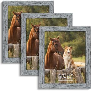 HLiWEGNS Grey 8x10 Frame Set of 3 - Rustic Woodgrain 8 x 10 Poster Frame with Plexiglass for Wall Gallery Display, 8x10 Picture Frame for Puzzles, Artwork, Photos and Posters - Ideal Christmas Day