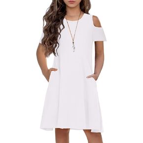 Arshiner Girls Summer Dress Short Sleeve Cold Shoulder Solid Color Swing Casual Dresses with Pockets