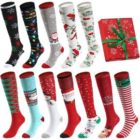 Gilbins 12 Pair, Holiday Christmas Knee High Socks, 12 Different Designs,Cheerful Messages For The Holidays, Women Size 9-11