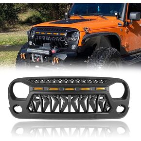 Shark Front Grill Mesh Grille Cover Matte Black Compatible for Jeep Wrangler JK JKU Unlimited Rubicon Sahara Sport with Amber LED Running Lights with Mesh Inserts 2007-2018