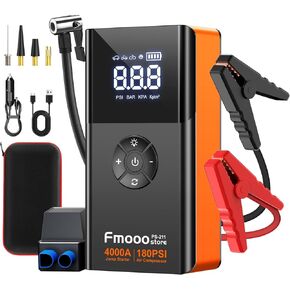 Portable Car Jump Starter with Air Compressor, 4000A 180PSI Car Battery Jump Starter Battery Pack (10L Gas/8L Diesel), 12V Car Jump Box Car Battery Jumper Starter, Large LCD Display,2 Lights (Orange)