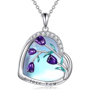 CRMAD Purple Tulips Necklace Sterling Silver Moonstone/Crystal/Cross Flower Tulips Jewelry Mother's Day Gifts