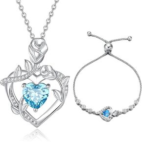 AGVANA March Birthstone Jewelry Aquamarine Necklace Bracelet for Women Sterling Silver CZ Rose Flower Heart Pendant Mothers Day Gifts for Mom Anniversary Birthday Gifts for Girls Her