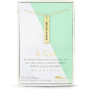 Lucky Feather Strong and Sassy It Girl Getting it Done 14k Gold dipped boxed charm necklace