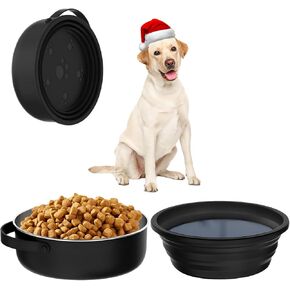 Travel Dog Bowls 2in1 Stainless Steel Dog Food Bowl (5 Cups/40oz), Collapsible Dog Water Bowl for Small to Large Sized Dog Portable Travel Dog Bowls Set for Trip, Camping