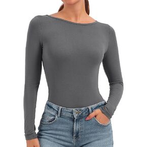 Women's Round Collar Long Sleeve Tops Bodysuit Jumpsuit