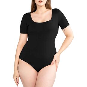 POSESHE Women's Plus Size Short Sleeve Square Neck Tank Top Bodysuit, S-5xl