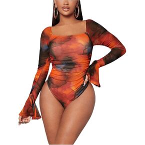 WDIRARA Women's Mesh Marble Print Ruched Fitted Bodysuit Square Neck Flounce Sleeve Leotard Bodysuit Top