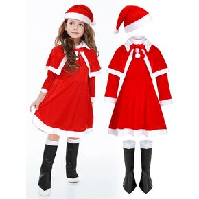 Geyoga Christmas Girls Costumes Santa Outfits Include Red Dress Hat Shoes Accessories for Kids Cosplay (Fresh Style,6-9 Years)