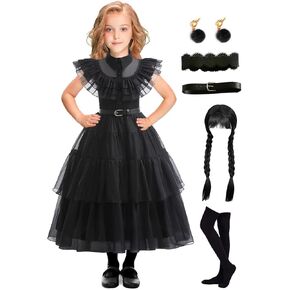 EOILFM Halloween Kids Wednesday Addams Dress Costume Cosplay Girls Black Gothic Dress Up Outfit with Belt Pretend Play