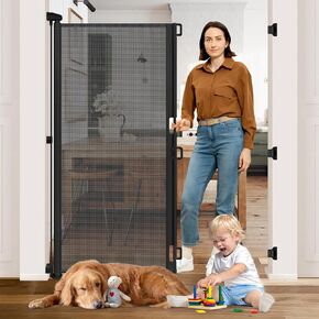 65" Extra Tall Dog Gates for Doorways 55" Wide Retractable Baby Gates for Dogs Mesh Baby Gate Retractable Dog Gate Outdoor Gates for Decks Extra Tall Pet Gate Indoor Cat Door for Exterior Door, Black