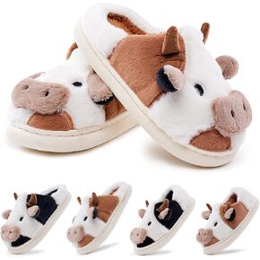 sharllen Fuzzy Cow Slippers for Kids Cute Fluffy Cow Kids House Slippers Toddler Girls Boys Animal Cartoon House Shoes for Indoor Outdoor