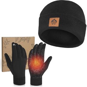 RIGWARL Soft Mens Hat and Winter Gloves Set for 32-50℉, Warm Hat and Waterproof Touchscreen Gloves for Men Women, Black