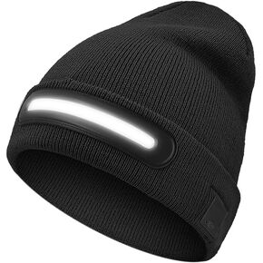 LED Lighted Beanie with Light, Unisex Warm Knitted Black Winter Hat, USB Rechargeable Headlamp Cap for Outdoors, Tech Gift for Men Dad Father Him